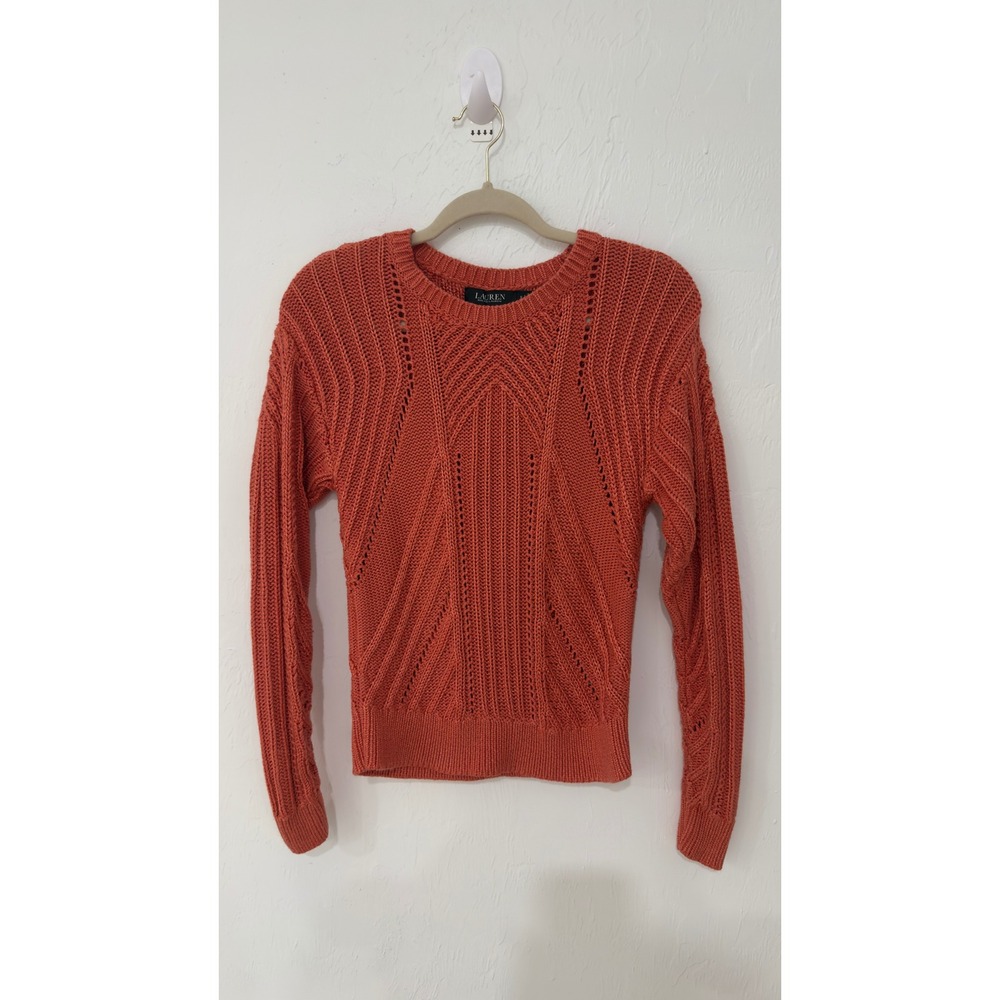 Lauren Ralph Lauren Burnt Orange Pointelle‎ Chevron Knit Sweater SP - Picture 3 of 9